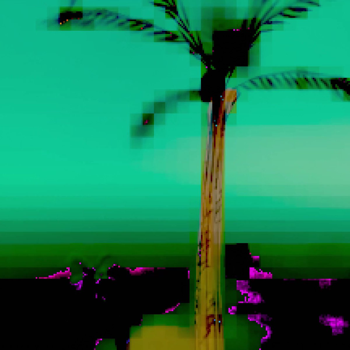 The image features a tall palm tree with a green background, giving it an exotic appearance. The photo has been edited or photoshopped, making it appear as if there are two people standing behind the palm tree. One person is located on the left side of the image and another person is positioned more towards the center. The post also includes text that reads "Good Morning Last 2 days for Majestic Palm" and "@objktcom #proofofpalm 2026 $".