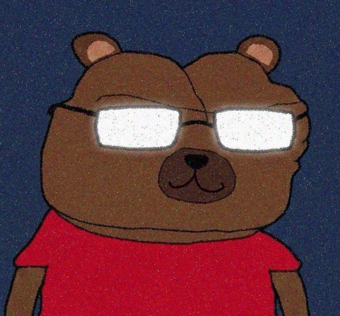 The image features a cartoon bear wearing glasses, giving it a quirky and amusing appearance. The bear's face is lit up with white light from above, making its eyes sparkle as if they are looking directly at the camera. The bear is also wearing a red shirt, which adds to its distinctive look. The background of the image is dark blue, providing a stark contrast that makes the bear and its glasses stand out even more. The caption below the image reads "Day 682 posting a meme until $BOBO gets to 1B market cap".