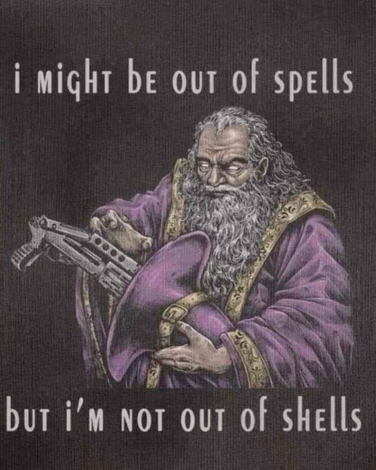A humorous illustration of a wizard in purple robes holding a minigun, captioned 'i might be out of spells but i'm not out of shells.'