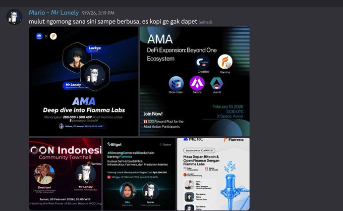 A Discord message from user 'Mario - Mr Lonely' containing Indonesian text about a foamy drink, accompanied by four images related to 'Fiamma Labs' and 'DeFi Expansion'.