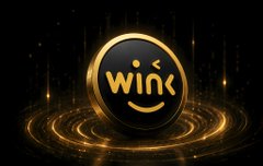 A glowing golden coin-like emblem displays the stylized text "Wink" set against a dark background with radiant light streams and circular energy rings, visually representing the WinkLink brand and its futuristic, data-driven blockchain identity.
