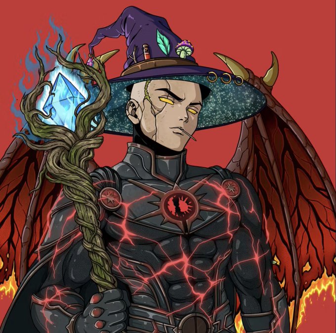 A winged, demonic figure wearing a wizard hat adorned with runes and feathers, gripping a gnarled staff topped with a glowing blue crystal, embodies the dark mystical power of the SolGods NFT collection being discussed. The character's cracked armor laced with glowing red energy and stoic expression visually reinforce the post's tone of viewing the collection as a rare, premium-tier asset potentially rising from a 1 SOL to a 3 SOL floor.