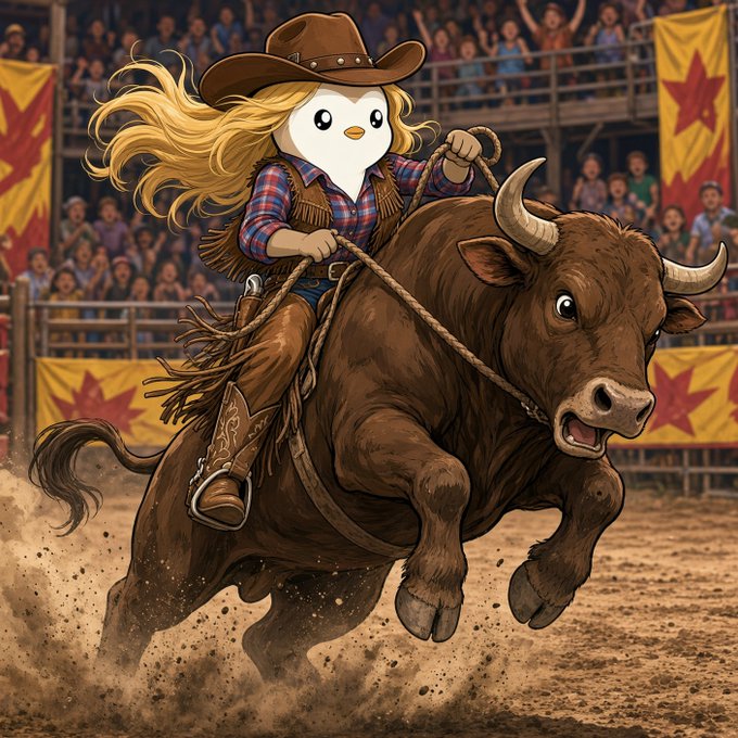 A cartoon-style illustration of a blonde cowgirl with an oversized head riding a bucking brown bull in a dirt rodeo arena, surrounded by a cheering crowd and star-decorated banners.