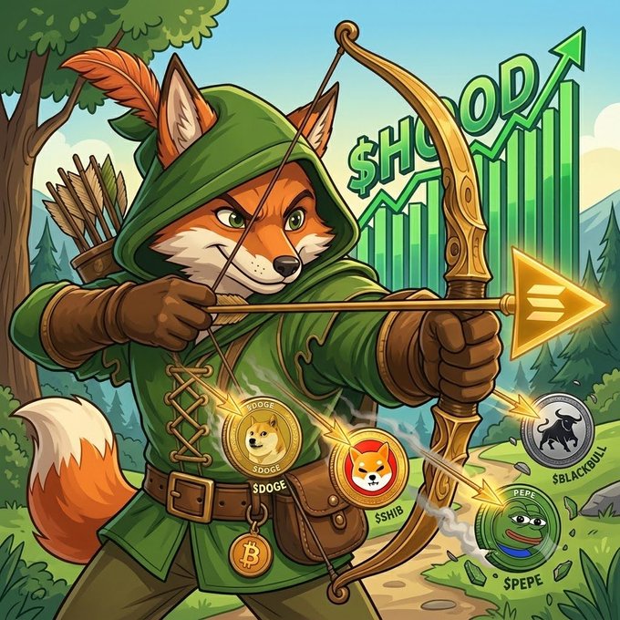 A cartoon illustration of a fox archer in a green hooded outfit shooting a glowing arrow, with crypto coin icons (DOGE, SHIB, BLACKBULL, PEPE) and a rising '$HOOD' stock chart in the background.
