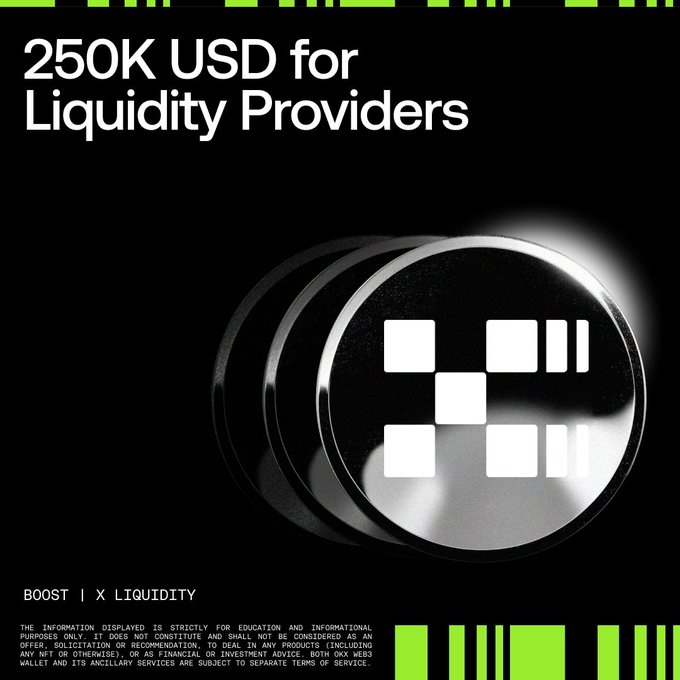 A promotional graphic featuring a sleek metallic token with the OKX logo on a black background, advertising "250K USD for Liquidity Providers" in collaboration with Boost and X Liquidity, which supports the post's call-to-action about sharing $250K in rewards for providing liquidity to eligible pools across tokenized equities, precious metals, major crypto assets, and stablecoins.