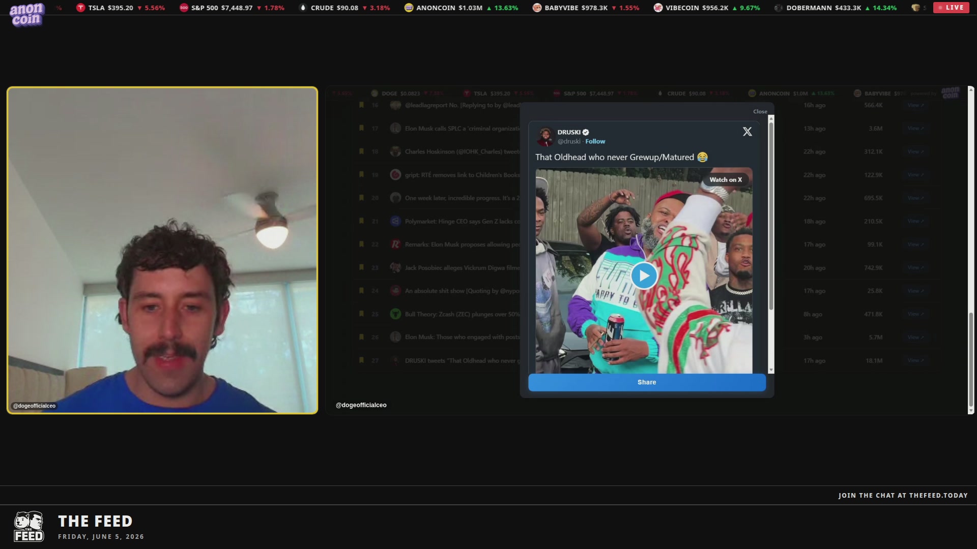 A man's face is shown on a computer screen, with a chat window open that displays a photo of people. The text "The Feed Live!" is visible above the image.