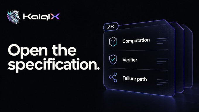 A promotional graphic for 'KalqiX' featuring the tagline 'Open the specification.' alongside a stylized interface showing Computation, Verifier, and Failure path components.