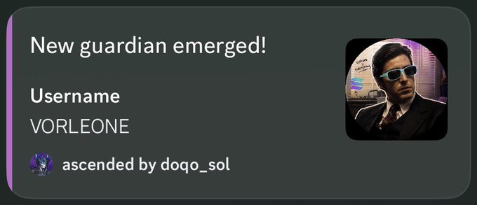 Notification stating 'New guardian emerged!' for username 'VORLEONE,' ascended by 'doqo_sol,' accompanied by an avatar of a man wearing sunglasses.