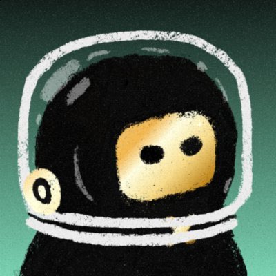 A digital illustration of a small, hooded figure resembling a skeleton wearing a clear space helmet against a dark green background.