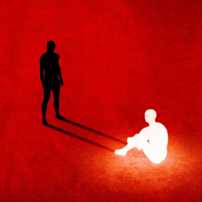 An artistic silhouette image showing a dark figure standing over a seated, glowing white figure against a red background.