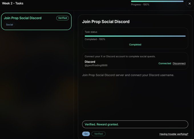 A dark-themed task completion screen showing a 100% completed 'Join Prop Social Discord' task with a verified Discord account (@gwolotrading888).