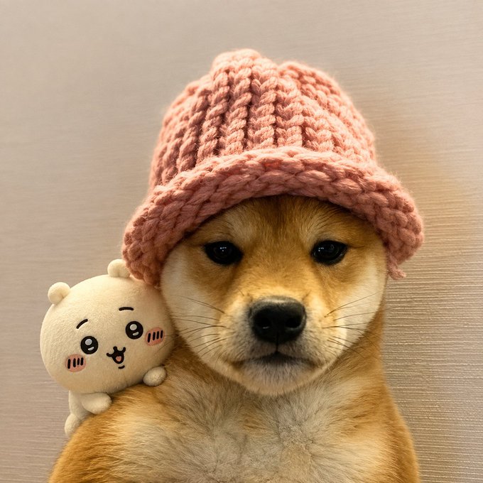 An adorable Shiba Inu dog wearing a pink knitted bucket hat, accompanied by a cute Chiikawa plush toy on its shoulder. The image ties into the post's playful theme by pairing the iconic doge-like dog with a beloved Japanese character, blending crypto culture with Japanese pop culture for a charming, meme-worthy vibe.