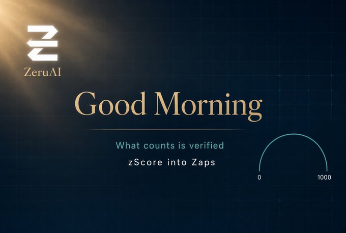A dark blue digital graphic from 'ZeruAI' displaying 'Good Morning' in large gold serif text. Below it reads 'What counts is verified zScore into Zaps' with a semicircular gauge scale marked from 0 to 1000.