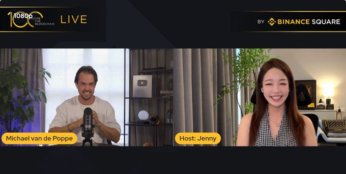 A Binance Square live stream screenshot titled '1000p ON THE BLOCKCHAIN LIVE' featuring guest Michael van de Poppe and Host Jenny in a split-screen video call.