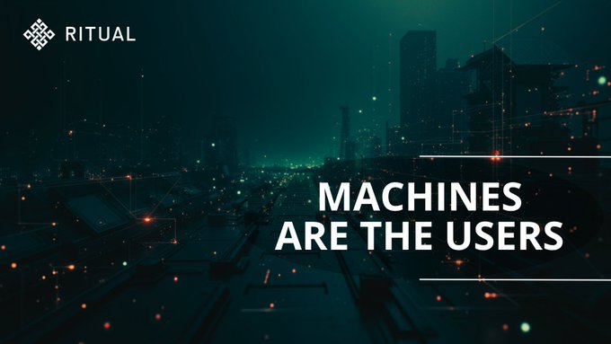 Futuristic cyberpunk cityscape promotional banner for 'RITUAL' with bold text reading 'MACHINES ARE THE USERS'.