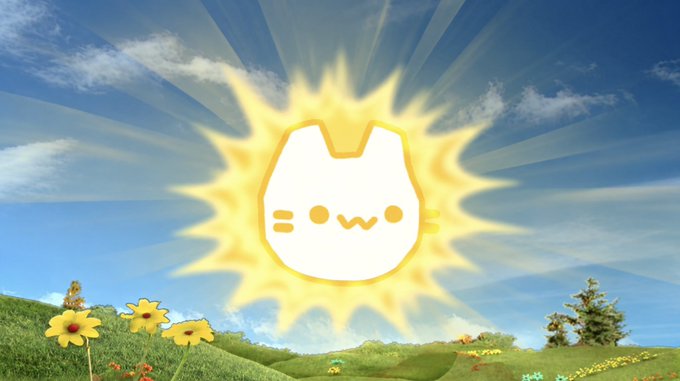 A sun-shaped illustration with a cat face design (resembling the Cat in the Sun meme) shining over a bright, grassy landscape with flowers.