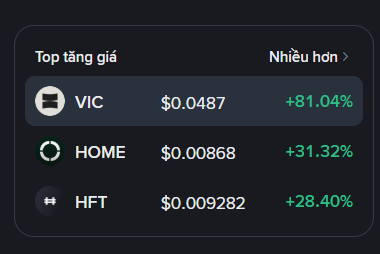 A stock market widget displays 'Top tăng giá' (Top gainers) showing VIC at $0.0487 with +81.04%, HOME at $0.00868 with +31.32%, and HFT at $0.009282 with +28.40%, all in green text.