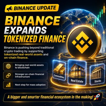 A Binance update announcement graphic titled 'BINANCE EXPANDS TOKENIZED FINANCE,' highlighting support for tokenized real-world assets across commodities, real estate, and stocks, with the tagline 'A bigger and smarter financial ecosystem in the making!'