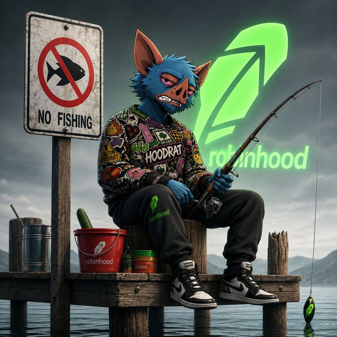A stylized illustration of an anthropomorphic blue pig wearing a sticker-covered jacket and Nike sneakers, sitting on a wooden dock holding a fishing rod next to a 'NO FISHING' sign and a glowing Robinhood logo.