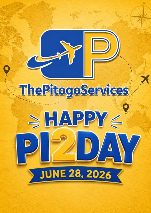 A promotional graphic from ThePitogoServices celebrating Pi2Day on June 28, 2026, featuring a blue and yellow "SP" logo with an airplane icon over a world map background. The travel-themed branding visually reinforces the post's message about the Pi cryptocurrency community transforming global travel and work.