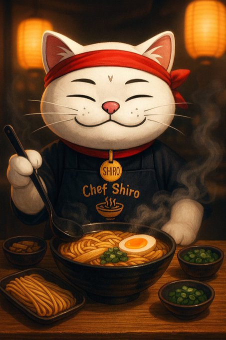 A cartoon cat chef named 'Chef Shiro' wearing a red headband serves a steaming bowl of ramen noodles, with a 'SHIRO' tag visible on its apron.