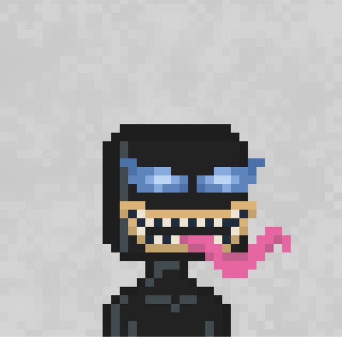 A pixel art character with a black hood/mask, blue sunglasses, and a wide toothy grin, with a pink tongue sticking out, set against a light gray background.