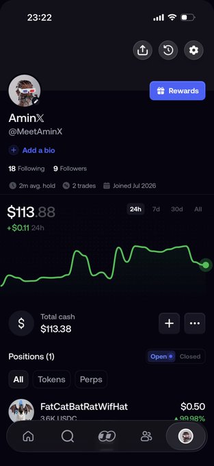 A mobile screenshot of a trading portfolio app showing user AminX (@MeetAminX) with $113.88 total cash, up $0.11 in 24h, holding a position in FatCatBatRatWifHat token with a 99.98% gain.