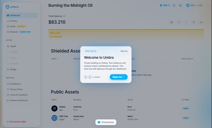 The image displays a screenshot of a computer screen with a welcome message displayed next to a small box. The text reads, "Welcome to Umbra! Burn the Midnight Oil. Total balance is $33,210. Balances shown are 8,065 dollars."
