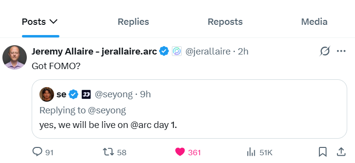 A screenshot of an X/Twitter post by Jeremy Allaire (@jerallaire.arc) asking "Got FOMO?" in reply to a tweet from seyong stating "yes, we will be live on @arc day 1."
