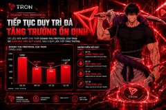 The image is a vibrant red and black promotional graphic featuring a muscular anime-style warrior character wielding weapons, with prominent Vietnamese text reading "TIẾP TỤC DUY TRÌ ĐÀ TĂNG TRƯNG ỔN ĐNH" (Continue maintaining stable growth momentum) alongside statistical charts and the "TRON" logo. The accompanying post about a trader turning $2,972 into $1.4 million with the MEME token on Robinhood appears unrelated to the image's actual content, which promotes TRON cryptocurrency trading growth statistics rather than any meme coin success story.