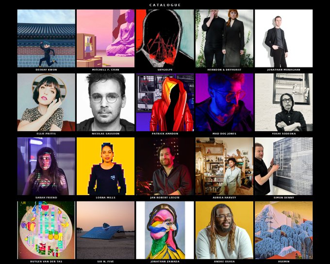 A "CATALOGUE" grid showcasing various artists, including DEFAY KWON, MITCHELL F. CHAN, SKYGOLPE, HERNDON & DRYHURST, JONATHAN MONAHAN, and others.