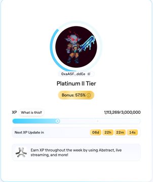 A screenshot showing a user profile with the username '0x45f...dc6e' at Platinum II Tier with a 575% bonus and XP progress at 1,113,269/3,000,000, with a countdown timer of 6 days, 22 hours, 22 minutes.
