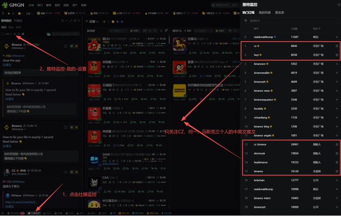 A Chinese-language screenshot of the GMGN trading platform interface, with red arrows and text overlays demonstrating how to monitor and pin specific buyer's English transaction records.