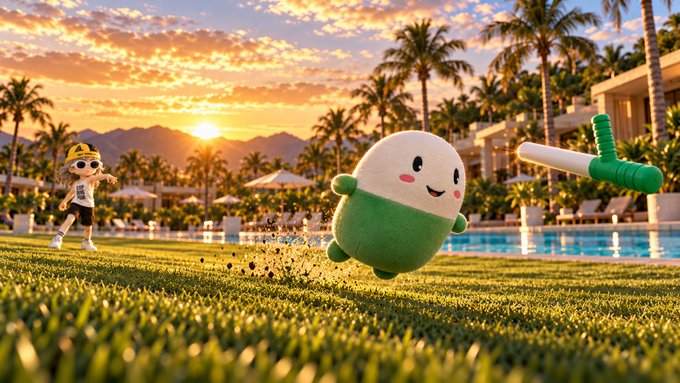 Image 4: A 3D-animated scene shows a round, green and white plush character running across a sunny lawn toward a croquet mallet, with a young girl in a yellow hat in the background near a resort pool.