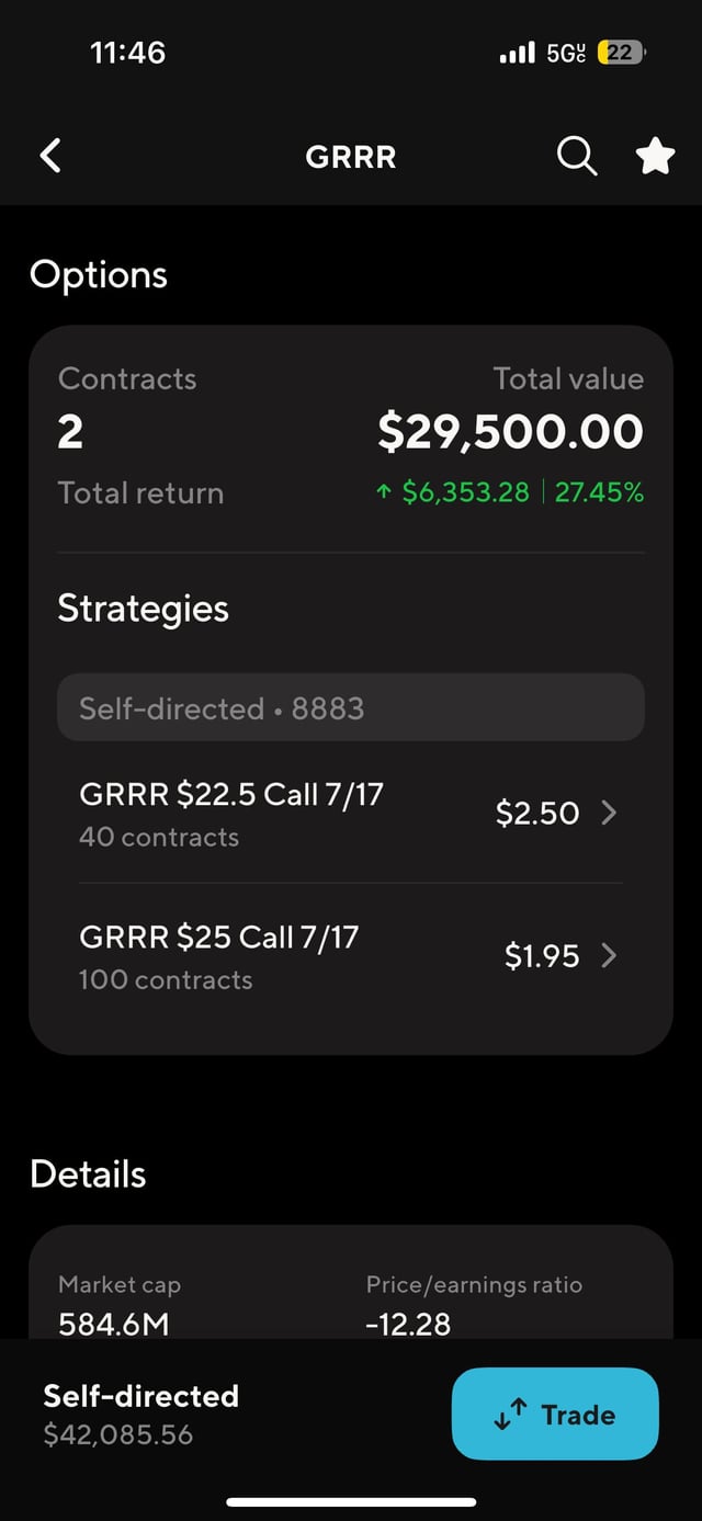 The image shows a smartphone screen filled with various options, including settings and contact details for an app named 'GRRR'. On one side of the screen, there's information about trading options for a $59.00 trade (like total value and return), while on the other side, there are details about the app itself such as its size, price, and self-direction options. A button is also visible in the bottom right corner of the image. Based on these elements, one can infer that this app may provide information or assistance related to trading and financial markets or options, possibly for a fee (like $59).