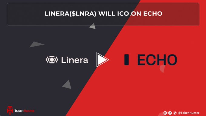 A red and dark blue graphic announces "LINERA($LNRA) will be listed on ECHO" with the Linera and Echo logos and a TokenHunter watermark.