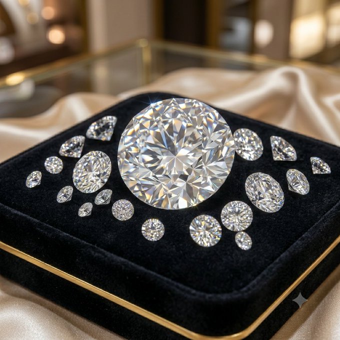 A sparkling assortment of brilliant-cut diamonds arranged on a black velvet display tray, with a large round diamond centerpiece surrounded by smaller stones of various cuts, set against a cream satin background. The image symbolizes the post's theme of an "undiscovered gem," visually representing the hidden value and brilliance the user hopes to find in the lesser-known WikiCat ($WKC) cryptocurrency.