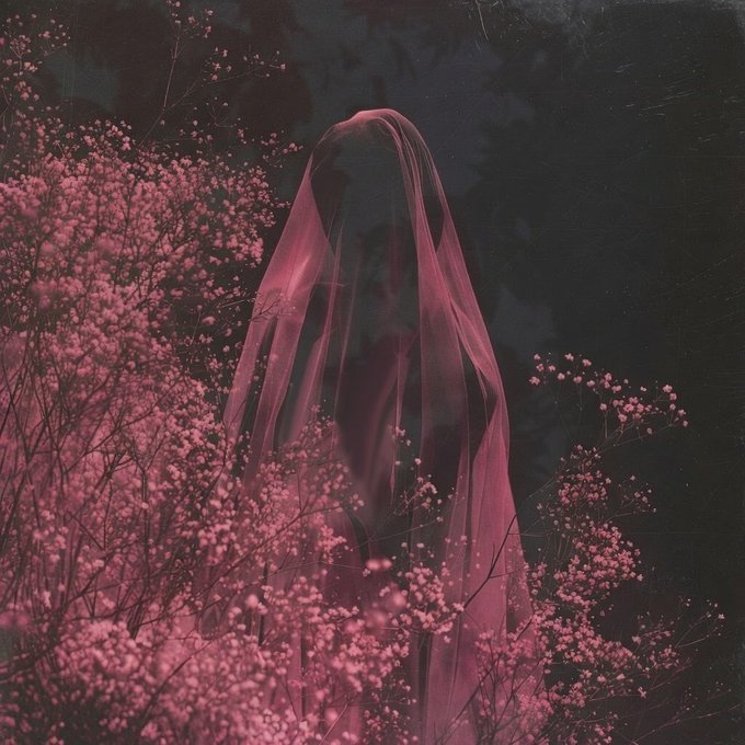 A ghostly figure draped in a sheer pink veil stands among delicate pink baby's breath flowers against a dark background, evoking an ethereal, otherworldly atmosphere. This haunting, dreamlike preview hints at the artist's mysterious aesthetic being minted on @onBluescreen's closed beta.