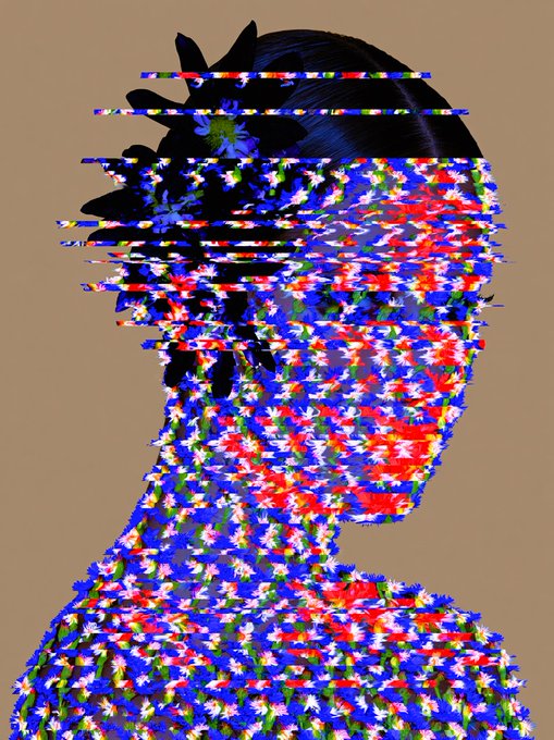 A digital artwork depicting a woman's silhouette in profile, with her head filled with a colorful pattern of flowers and horizontal line distortions.