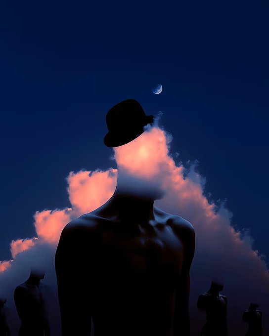 A silhouetted figure wearing a bowler hat stands with its head dissolving into glowing pink clouds against a dark blue twilight sky featuring a crescent moon.