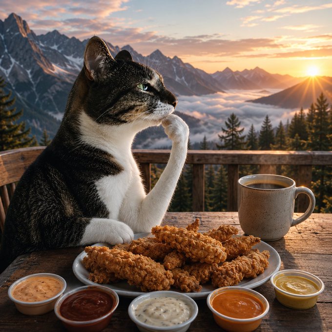 A contemplative tabby cat sits at a rustic mountain overlook at sunset, pondering a plate of fried chicken tenders and a variety of dipping sauces as if carefully considering an investment thesis. The image playfully mirrors the post's meme-coins of choice—"hmm cat" (the pondering feline) and "tendies" (the fried chicken)—while the serene alpine setting humorously contrasts with the chaotic meme wars the poster is walking away from.