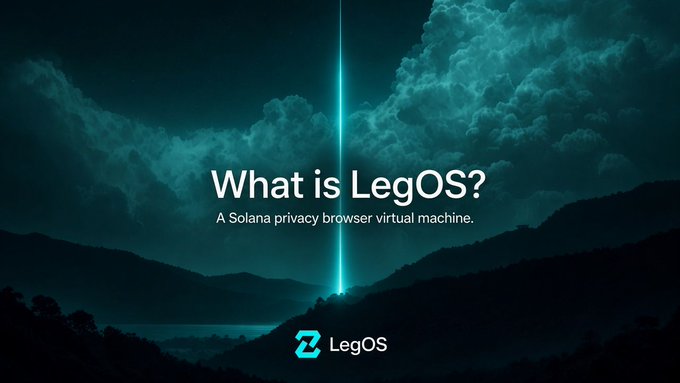 The promotional image displays "What is LegOS?" with the subtitle "A Solana privacy browser virtual machine." against a dramatic dark teal background of mountains and clouds with a vertical beam of light, featuring the LegOS logo at the bottom.