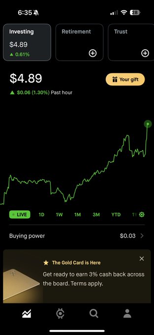 A mobile app screen showing an Investing portfolio valued at $4.89 with a green line chart displaying past hour performance.