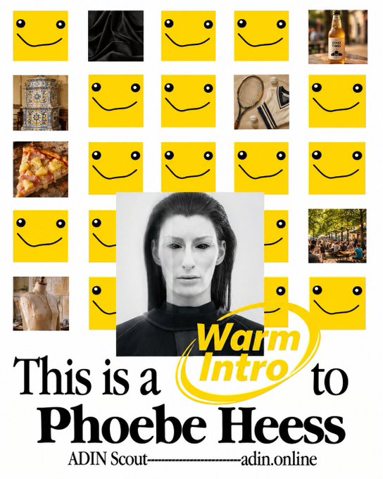 A promotional graphic titled "This is a Warm Intro to Phoebe Heess" by ADIN Scout (adin.online) features a black-and-white portrait of a dark-haired woman centered against a background grid of yellow smiley faces and various lifestyle photos (including a beer, tennis equipment, pizza, beer garden, and dress form), suggesting a personal introduction post that matches the friendly "Ohai. Thanks for having me <3" greeting.