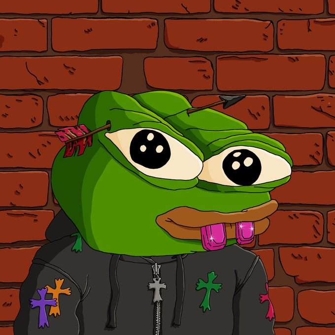 A stylized Pepe the Frog illustration shows the green character with an arrow through its head, pink grills, and a gray hoodie adorned with colorful crosses against a brick wall background.