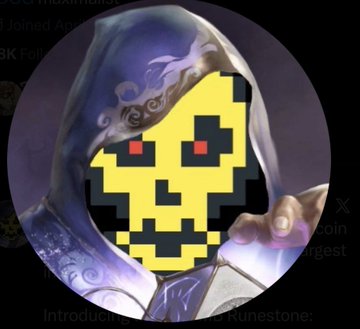 A yellow pixelated skull with red eyes is overlaid on an image of a hooded character, with partial text mentioning 'coin' and 'largest' visible in the background.
