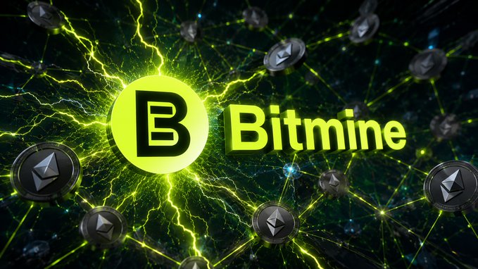 A neon green 'Bitmine' logo featuring the letter 'B' surrounded by floating Ethereum (ETH) coins and electric lightning effects on a dark background.