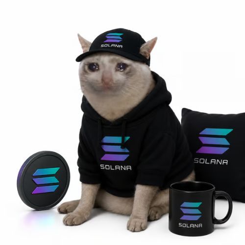 A cat wearing Solana-branded apparel sits beside a Solana mug and cushion, featuring the "SOLANA" logo and text prominently displayed. The image visually reinforces the post's claim of "$SOLCAT - Solana Cat," portraying a feline mascot representing the Solana ecosystem.