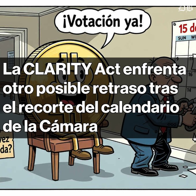 An editorial cartoon shows a coin character saying '¡Votación ya!' with Spanish text overlay reading 'La CLARITY Act enfrenta otro posible retraso tras el recorte del calendario de la Cámara'.