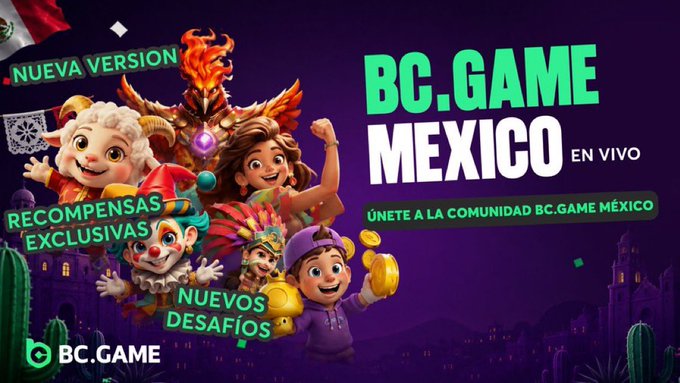 The promotional graphic features vibrant cartoon characters (including a ram, jester, and figures with gold coins) alongside the text "BC.GAME MEXICO EN VIVO" and "NUEVA VERSION," announcing the launch of BC.Game Mexico with exclusive rewards, new challenges, and a call to join the official community.